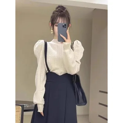 法式泡泡袖鈎花上衣女2023秋冬氛圍時尚洋氣套頭半高領內搭打底衫