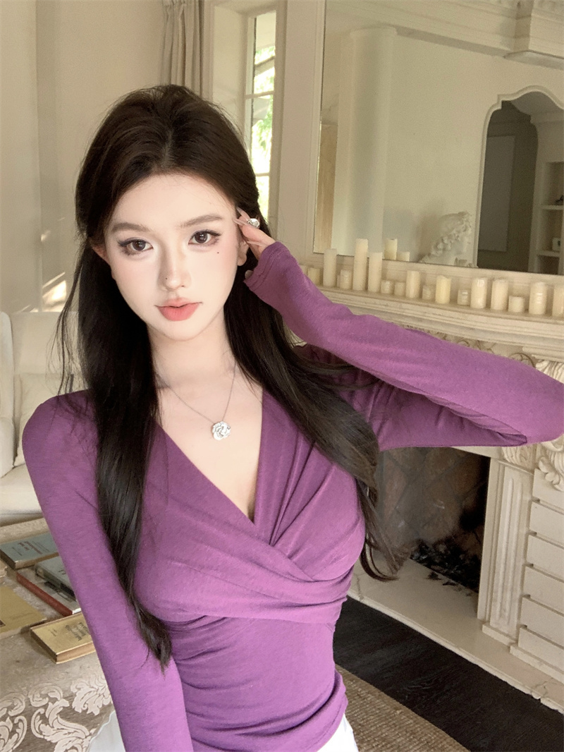 實拍~長袖V領交叉針織衫時尚氣質打底衫女秋冬新款套頭內搭上衣