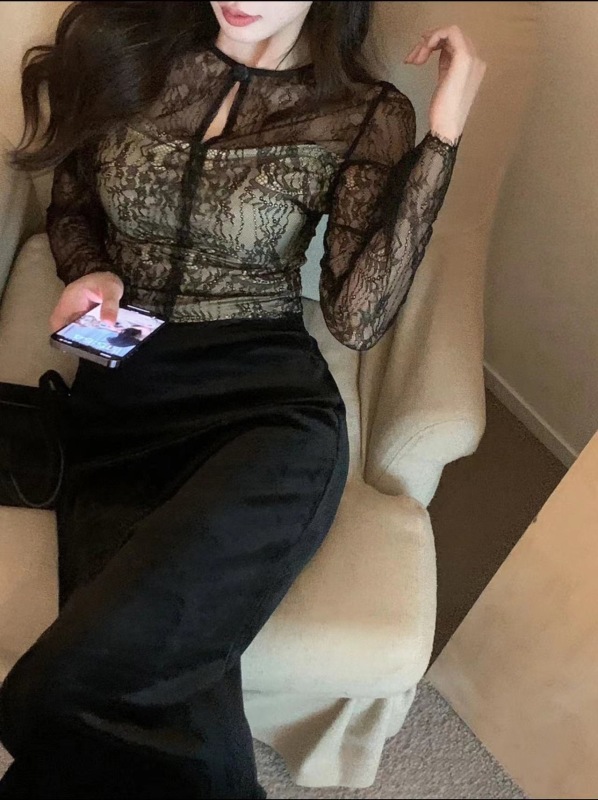 無人區玫瑰設計感氣質修身顯瘦蕾絲打底衫法式鏤空長袖T恤