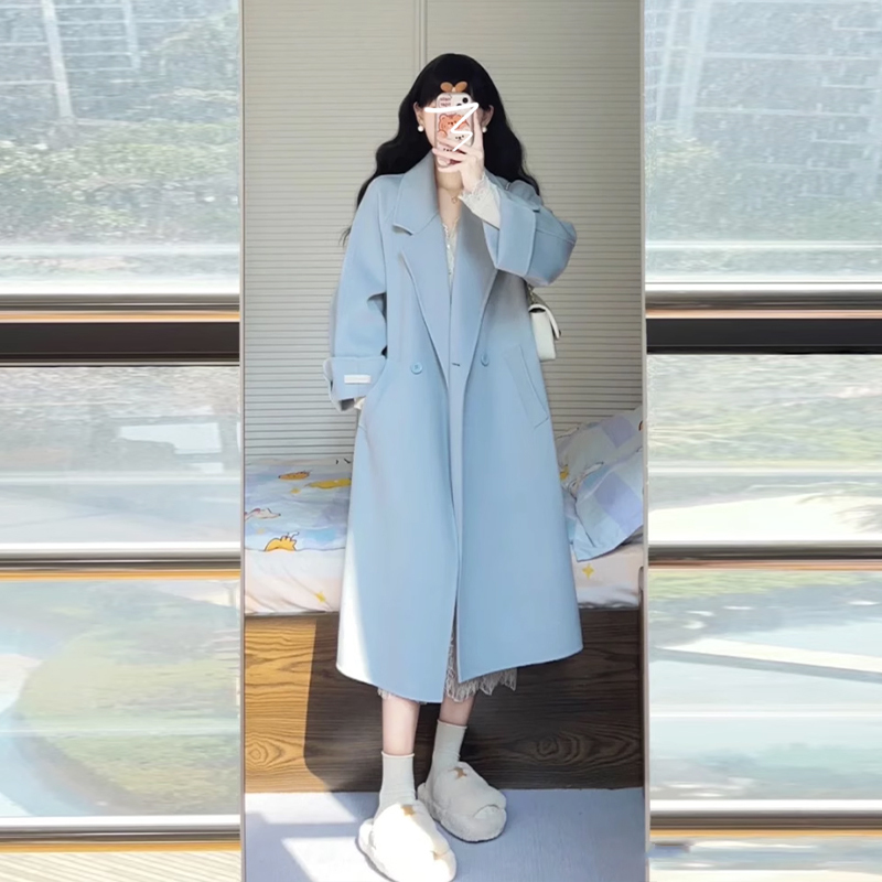 韓系高級感藍色呢子大衣女秋冬季2023新小個子毛呢外套中長款
