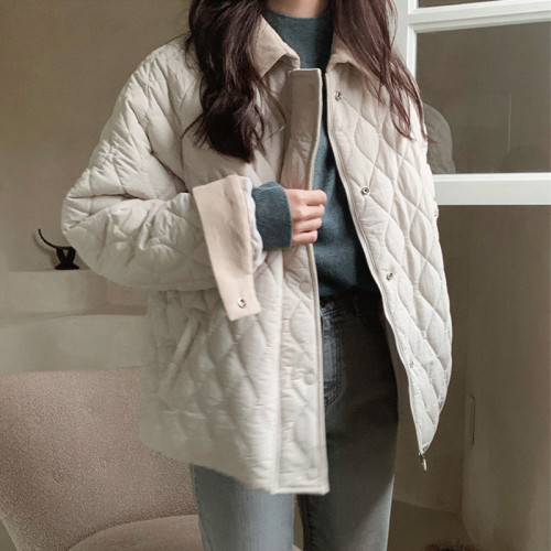 Wave plaid quilted cotton color block collar lambswool cotton coat for women  winter new small quilted lambswool cotton casual jacket