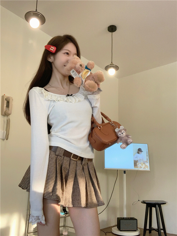 Real shot ~ Lace collar bow blouse long-sleeved bottoming shirt for women + plaid pleated skirt
