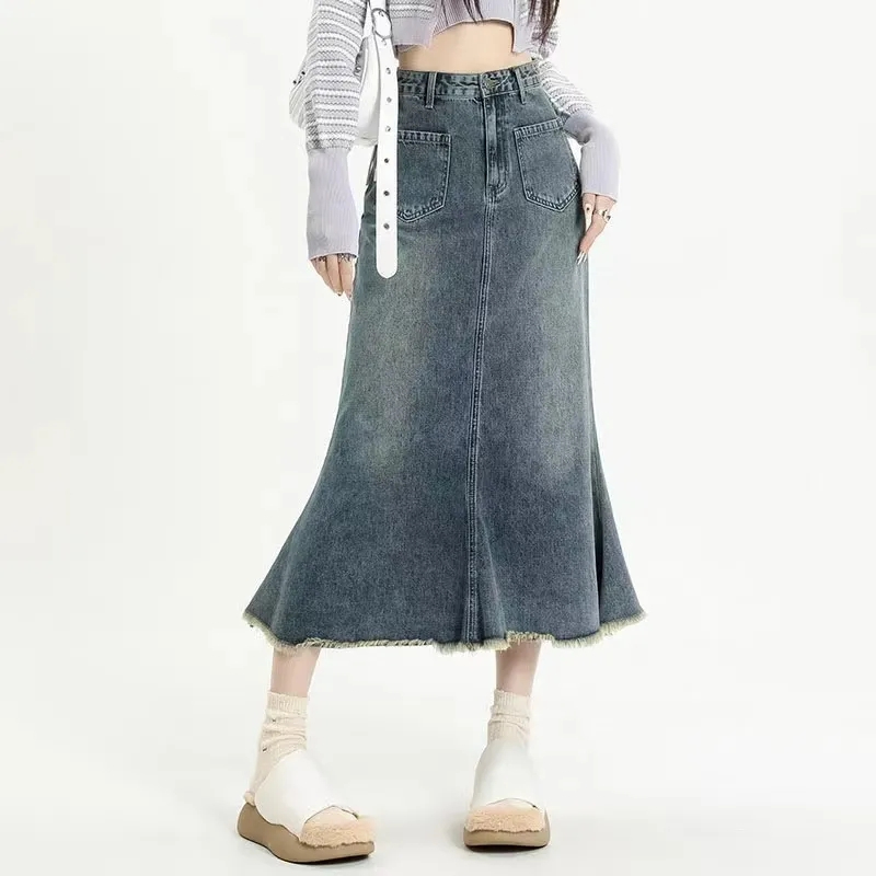 2023 spring and summer denim skirt women's mid-length versatile washed raw edge fishtail skirt American flesh-covering trend