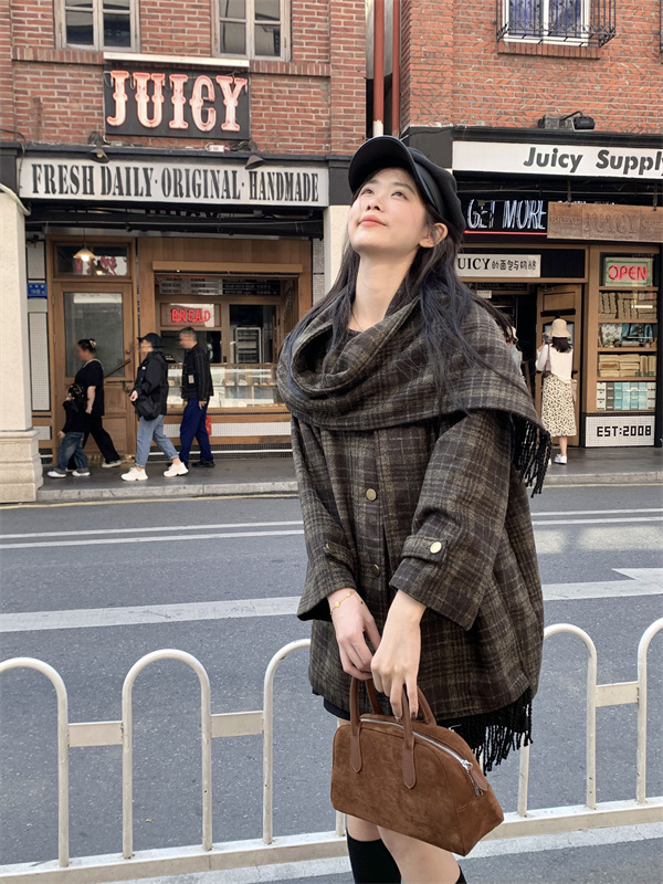 實拍    墜入暮色復古格紋斗篷披肩外套雙面羊毛呢子大衣女冬