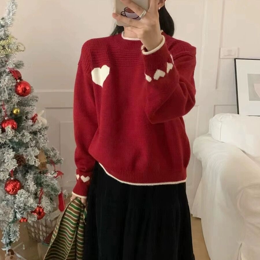 韓版撞色愛心提花套頭毛衣女秋冬新款寬鬆甜美百搭軟糯針織衫上衣