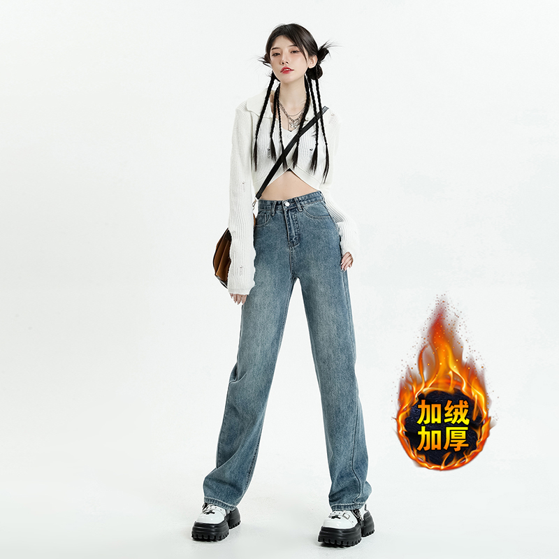 實拍2023秋季時尚直筒牛仔褲女寬鬆小高腰復古褲子