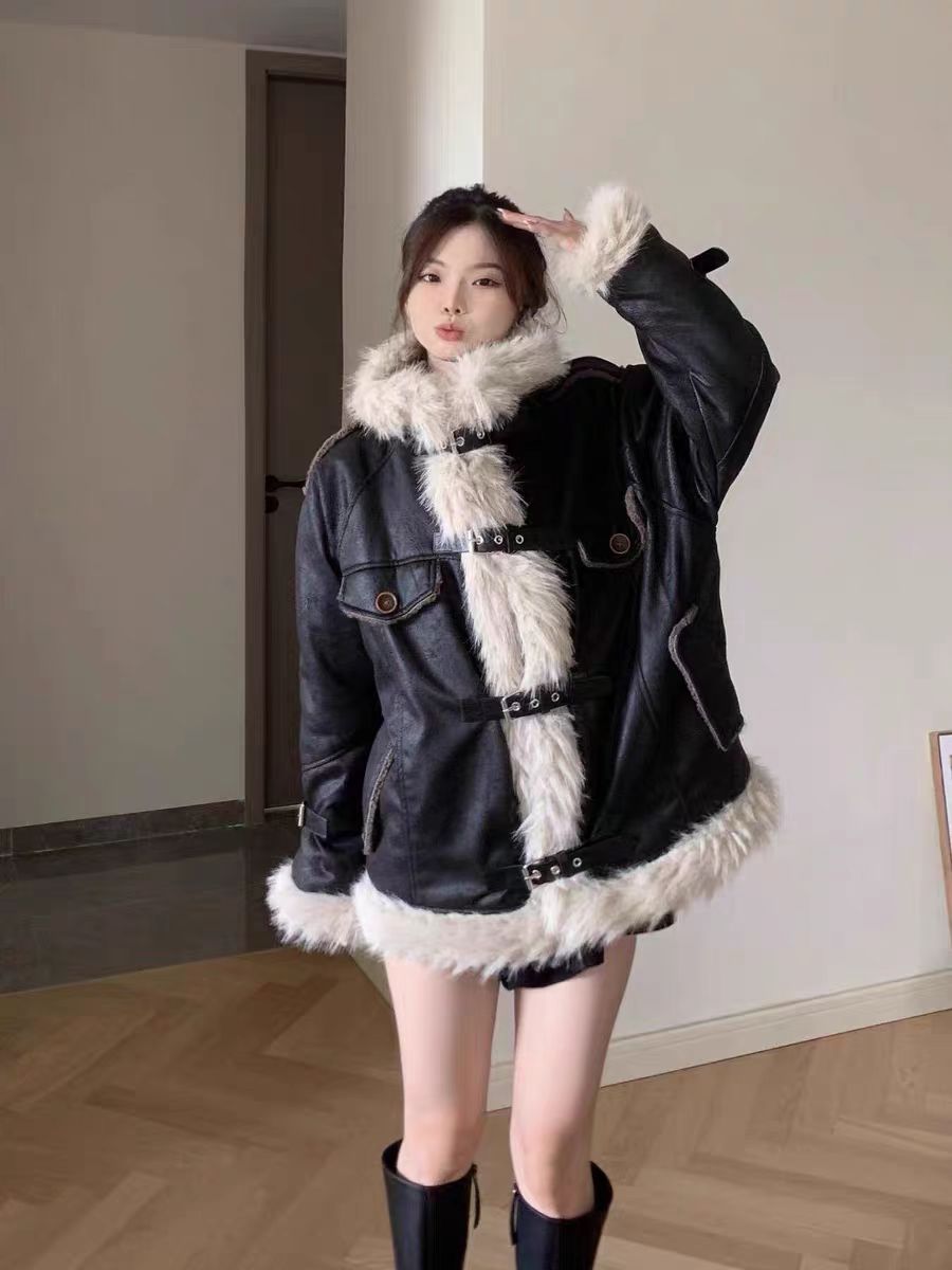 Thousands of girls American retro plus velvet thick lamb fur coat all-in-one motorcycle jacket women's winter cotton coat