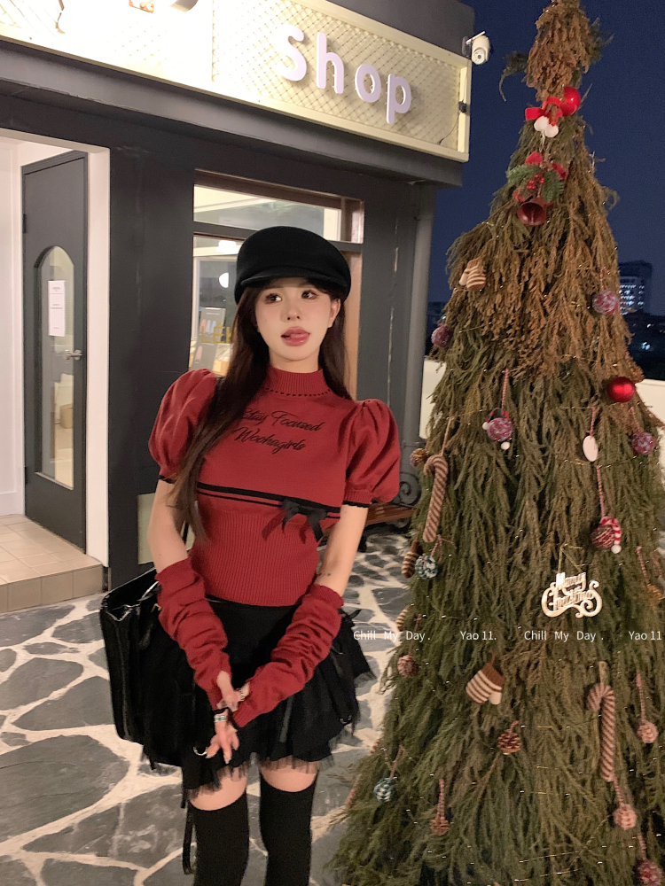 實拍 冬季新款針織衫甜美泡泡袖聖誕紅毛衣帶袖套女