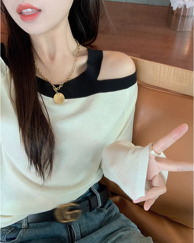 曾小咸鎖骨一字肩上衣女夏季涼感薄款小心機鏤空設計感防曬針織衫