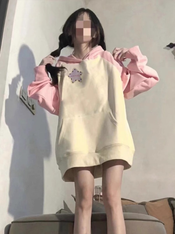 撞色連帽衛衣女秋冬美式大碼中長款oversize慵懶寬鬆外套加絨加厚
