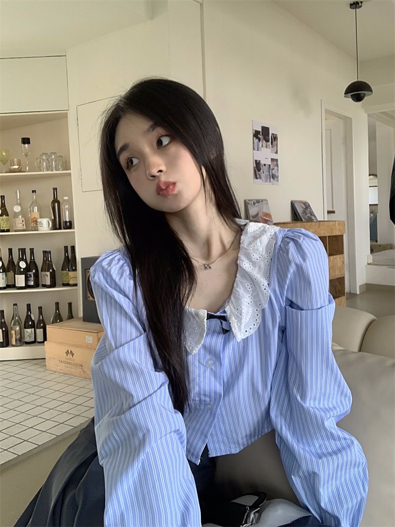 辣妹純欲風襯衫女春日浪漫減齡百搭小眾設計花邊蝴蝶結