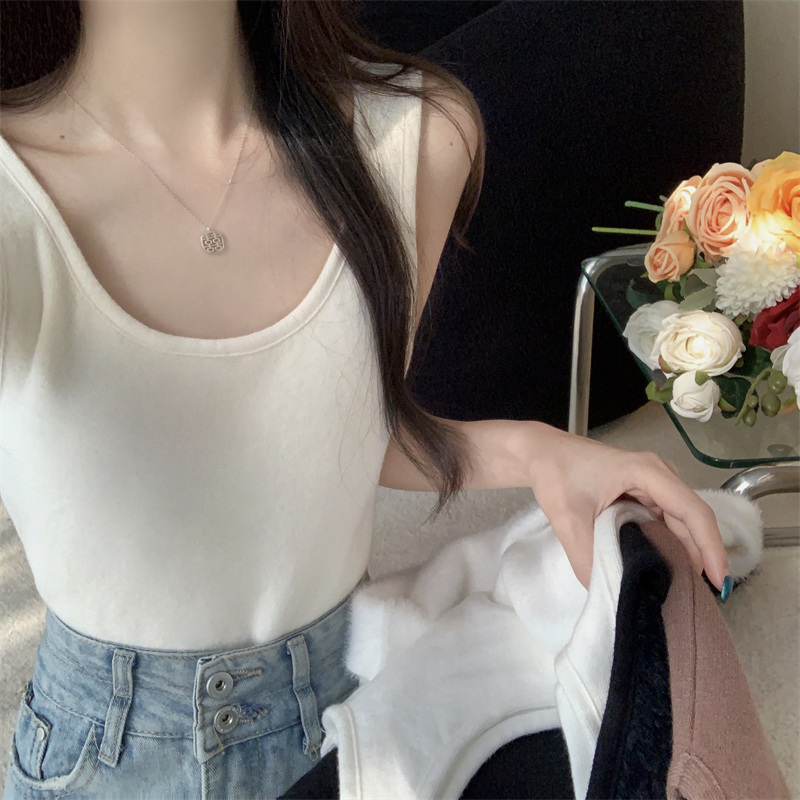 實拍 方領保暖背心女加絨加厚吊帶上衣一體絨內搭打底衫