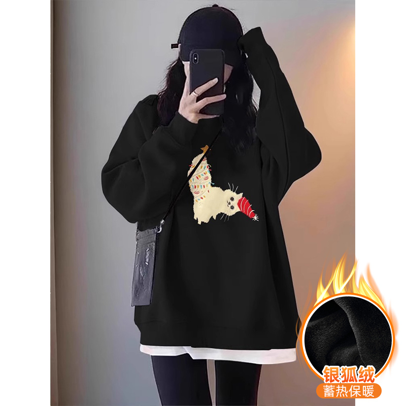 Chinese cotton composite silver fox velvet new autumn and winter round neck sweatshirt for women