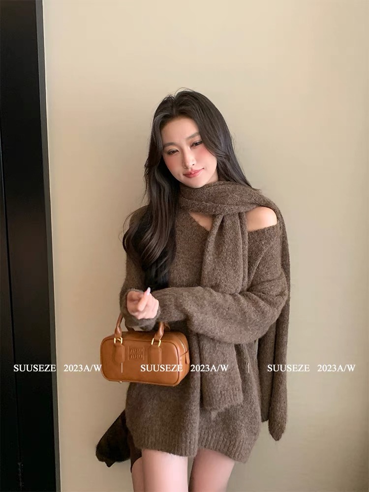 suuseze 棕色寬鬆慵懶風毛衣女秋冬氣質時尚寬鬆軟糯V領針織上衣