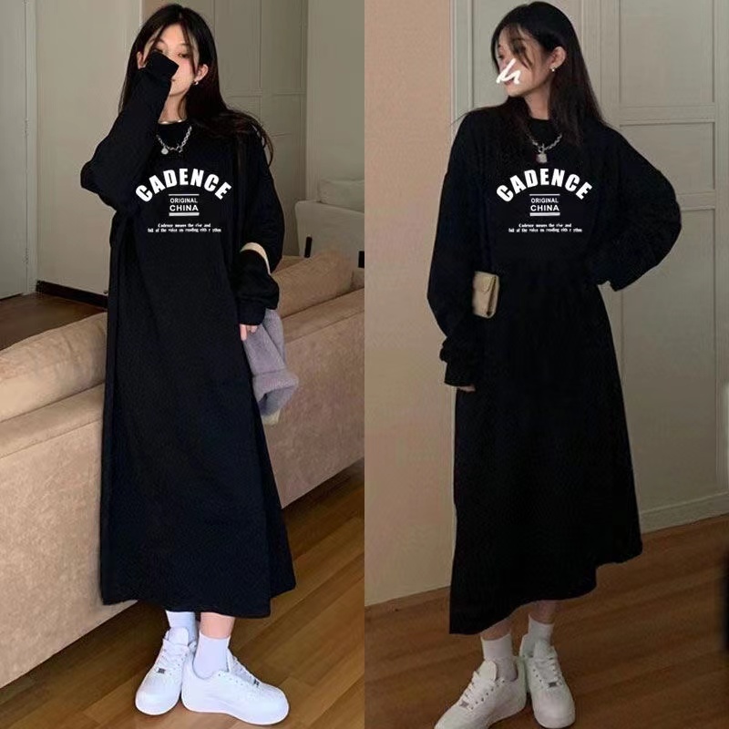 秋冬款加絨韓版衛衣女保暖長款T恤裙過膝連衣裙網紅洋氣學生ins潮