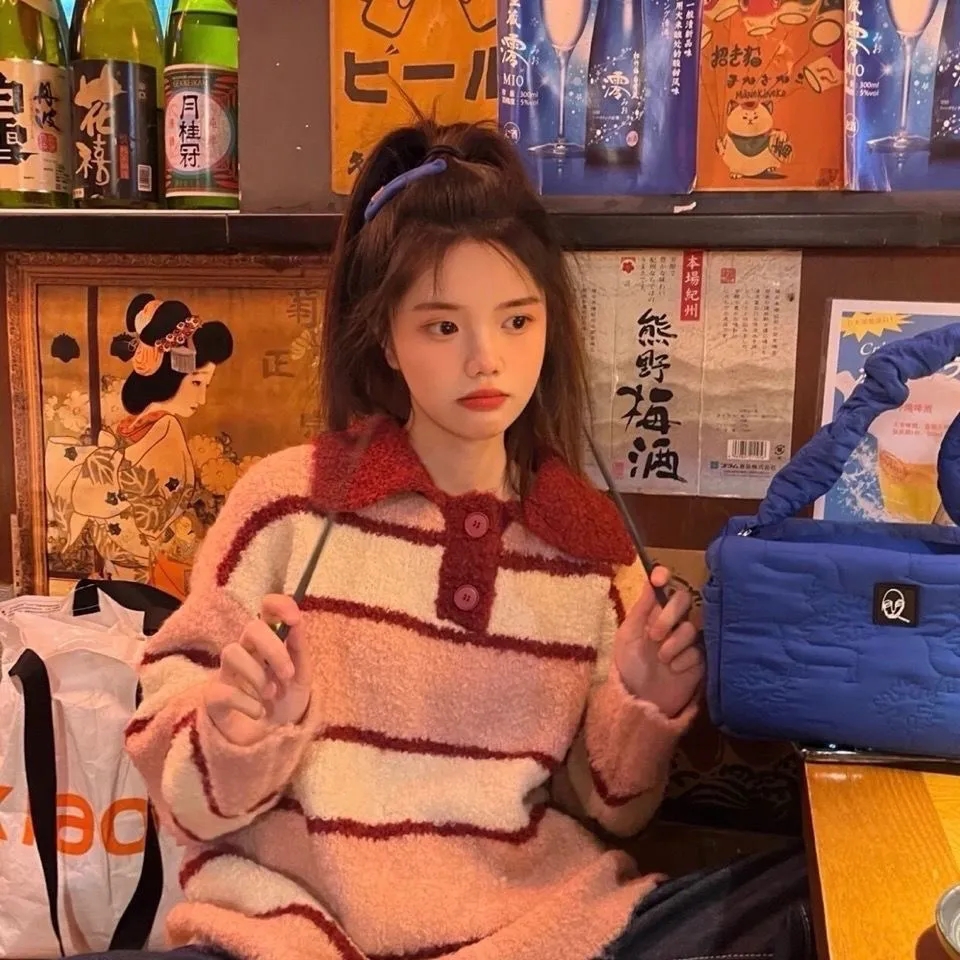 網紅韓版條紋POLO領毛衣女新款慵懶風ins設計感小眾溫柔上衣