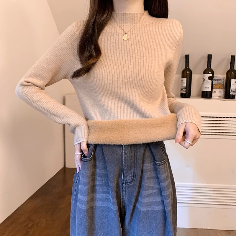 加絨加厚打底毛衣2023秋冬新款法式一體水貂絨半高領內搭針織衫