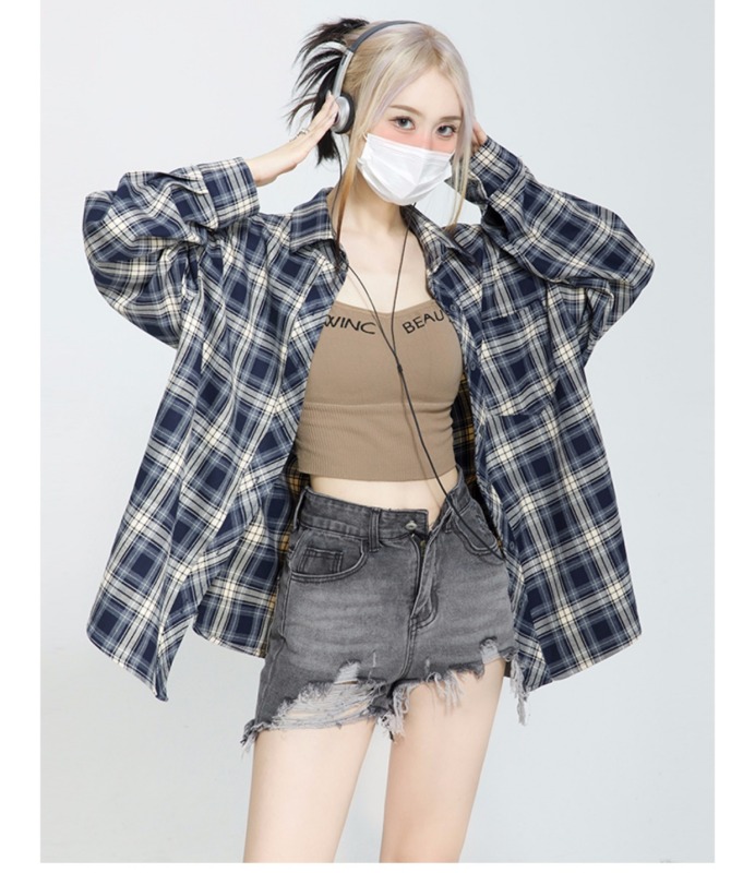 GeGe Sleepy 復古格子襯衫女外套開衫設計感寬鬆小個子防曬上衣
