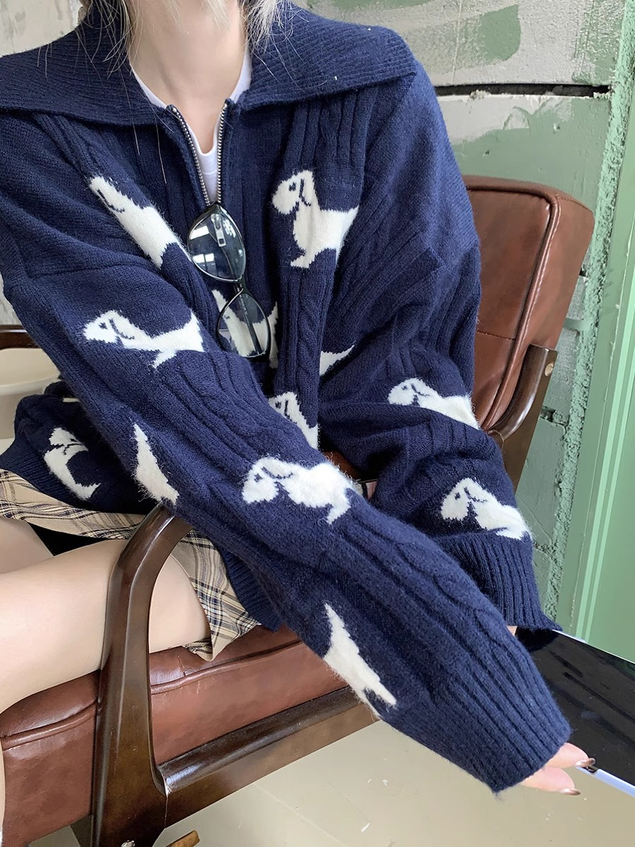 小眾撞色小狗提花半拉鏈翻領針織衫毛衣女冬季慵懶藏青色
