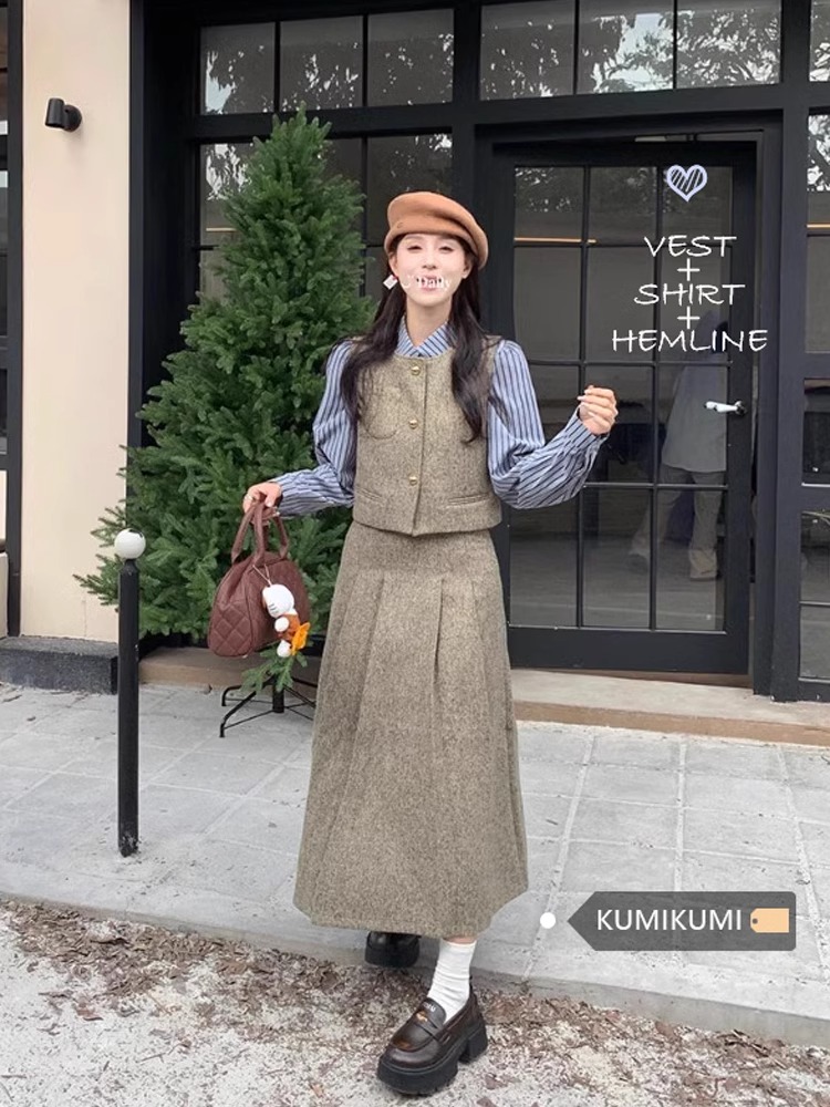 美拉德套裝女復古馬甲外套條紋襯衫秋冬季百褶半身裙小香風三件套