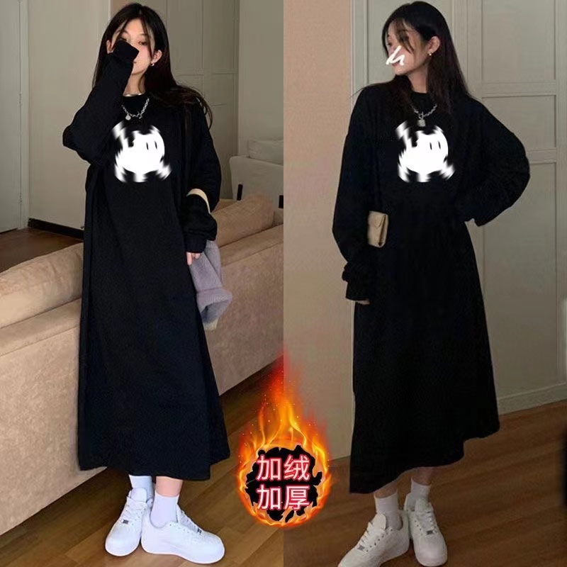 加絨韓版衛衣女秋冬學生保暖長款T恤過膝連衣裙網紅洋氣外穿ins潮