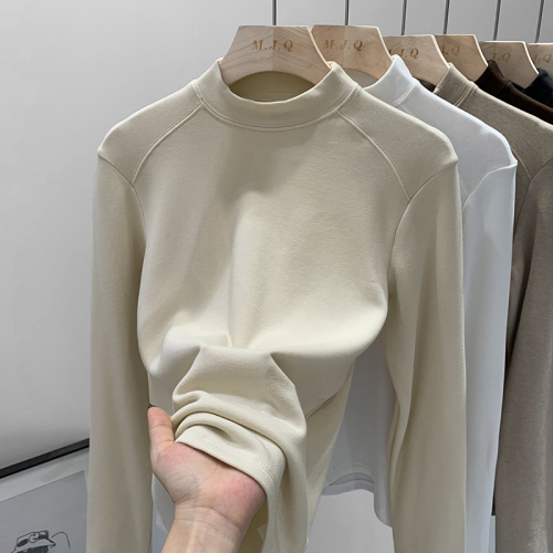 Real picture of European goods, shoulder yoke cashmere lined half high neck spliced undergarment for women
