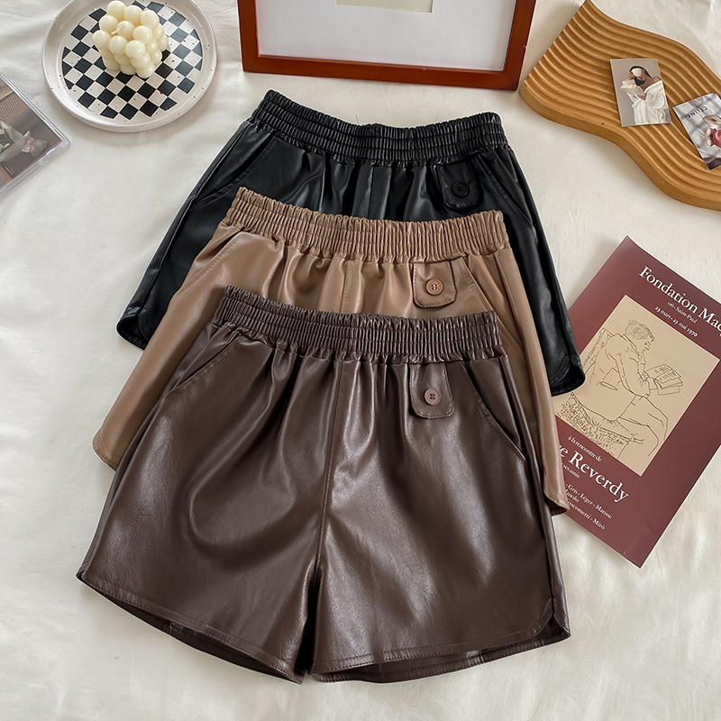Actual shot of new winter high-waisted A-line wide-leg shorts PU leather pants casual elastic waist bottoming boots pants