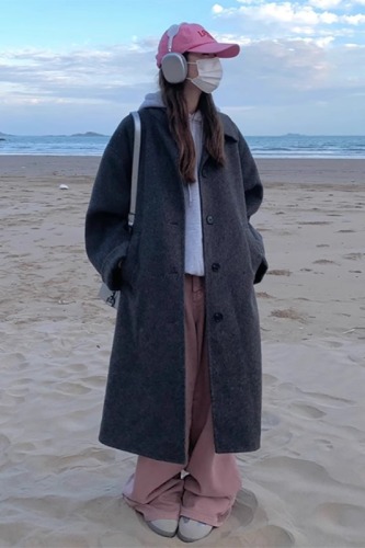韩系慵懒风宽松显瘦毛呢外套女冬季长款深灰色手工双面呢大衣