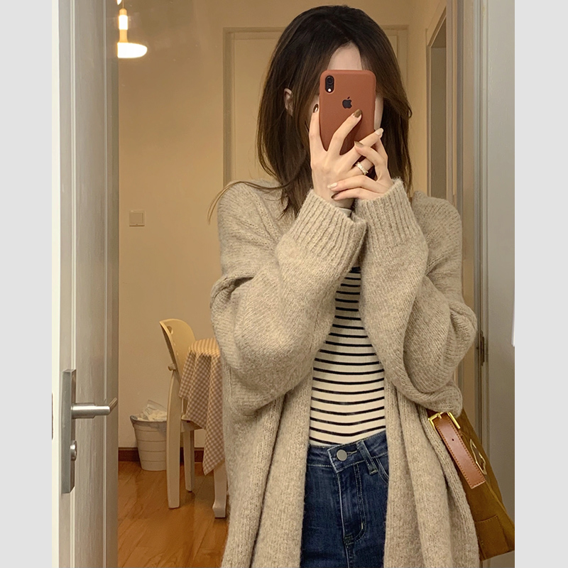 冬季韓系中長款慵懶風寬鬆外穿針織開衫女設計感毛衣外套