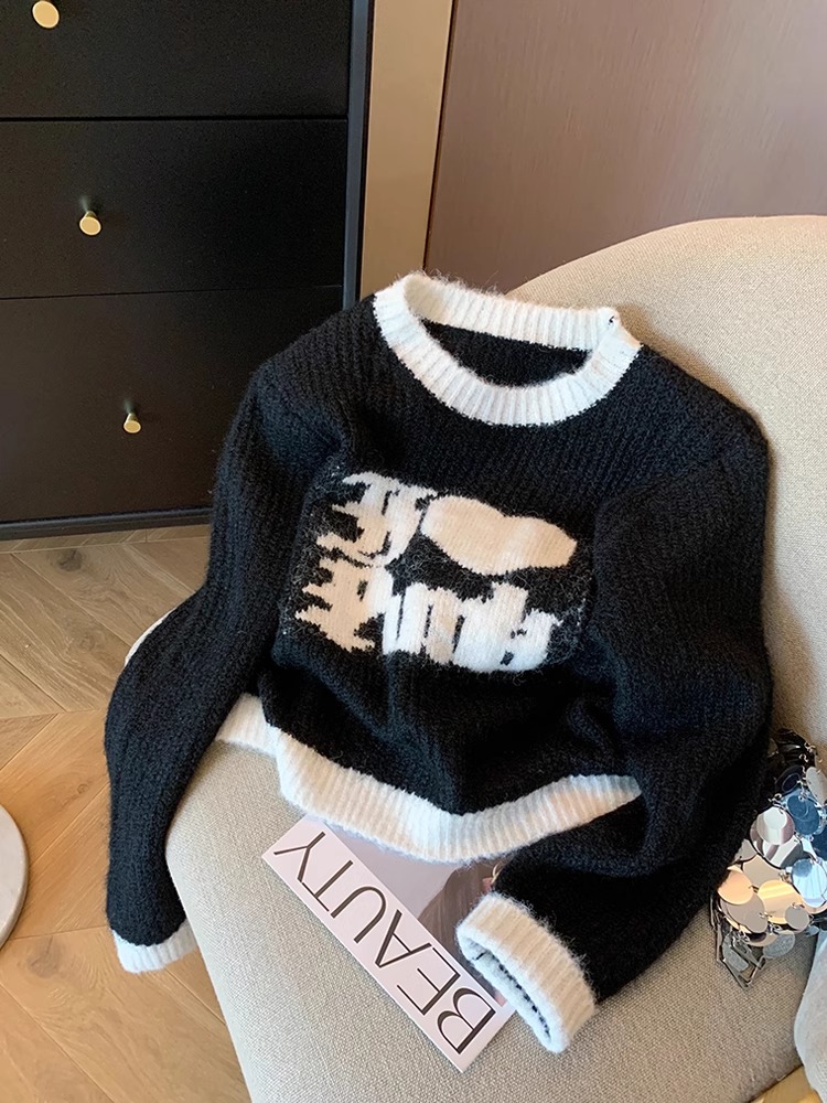 黑色趣味字母刺繡圓領毛衣女秋冬季2023設計感寬鬆軟糯套頭針織衫
