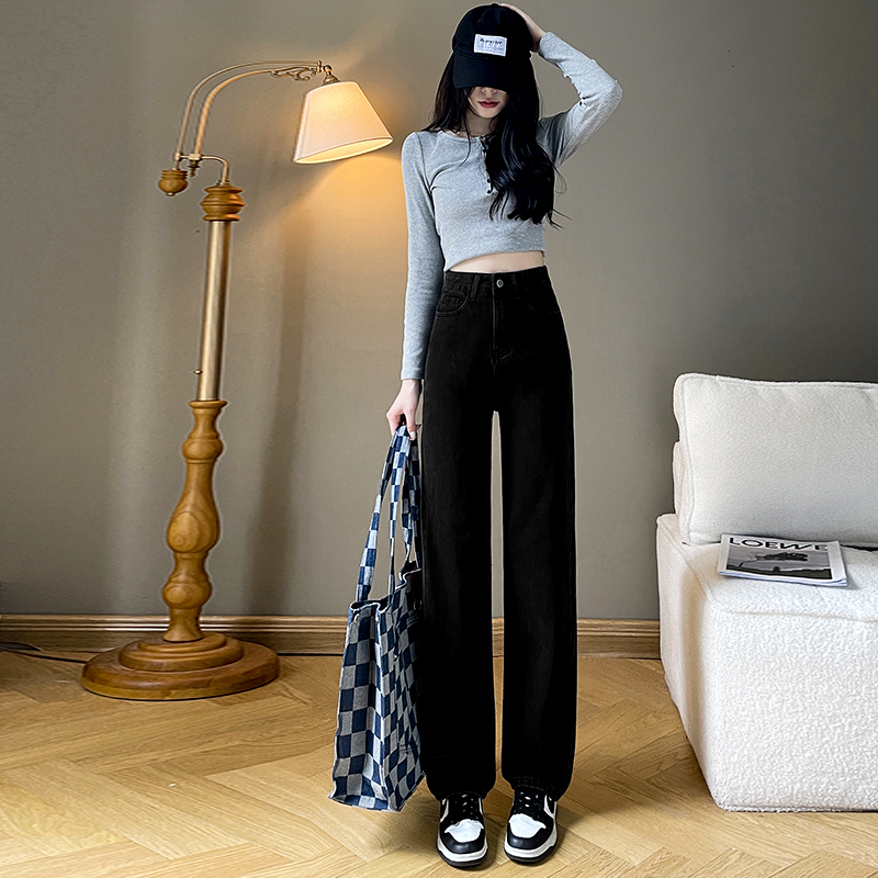 實拍2023秋季時尚辣妹高腰百搭顯瘦闊腿直筒牛仔褲女