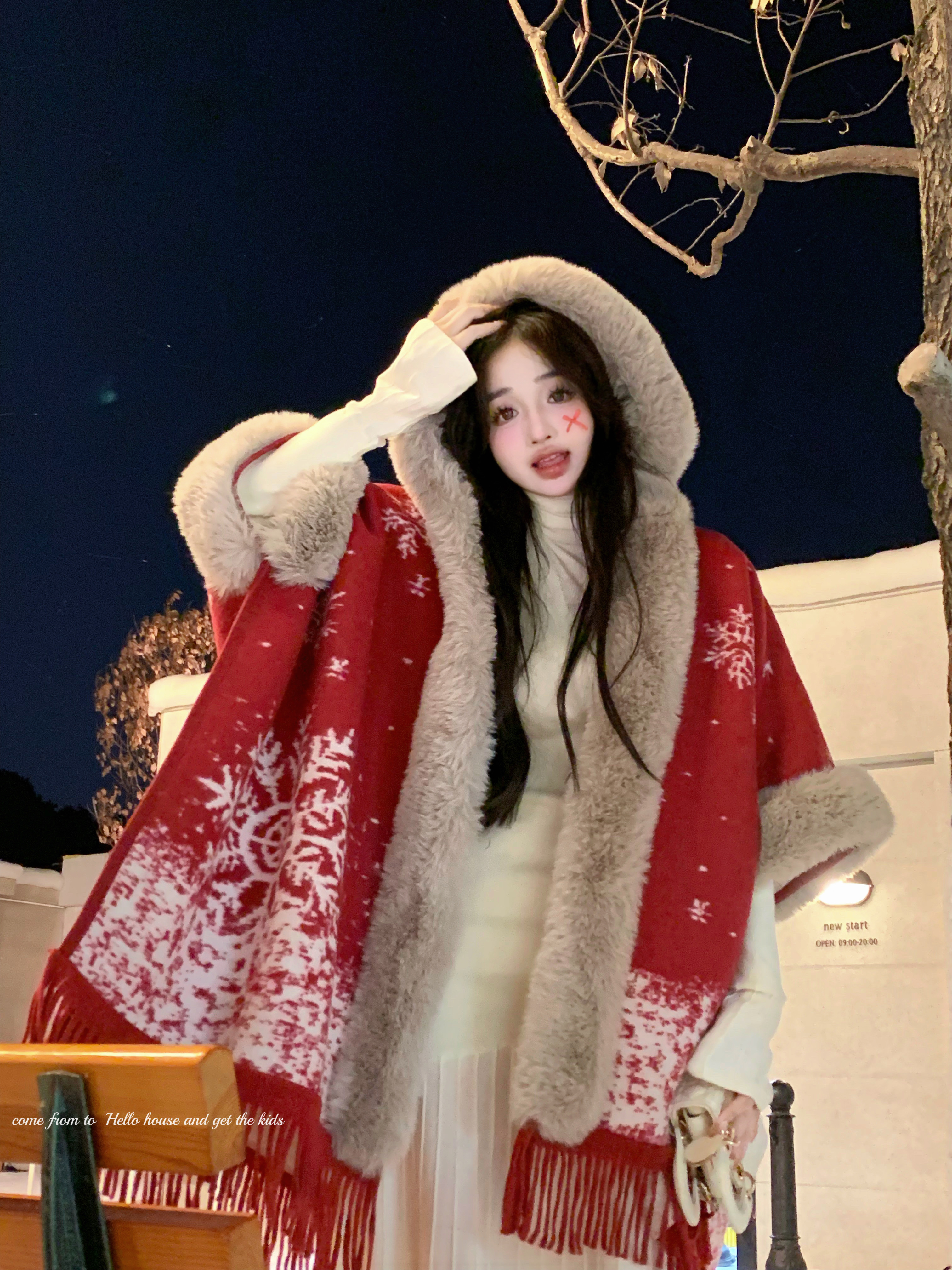 實拍~毛絨絨斗篷披肩加厚高級感外套不規則高領針織氣質長裙