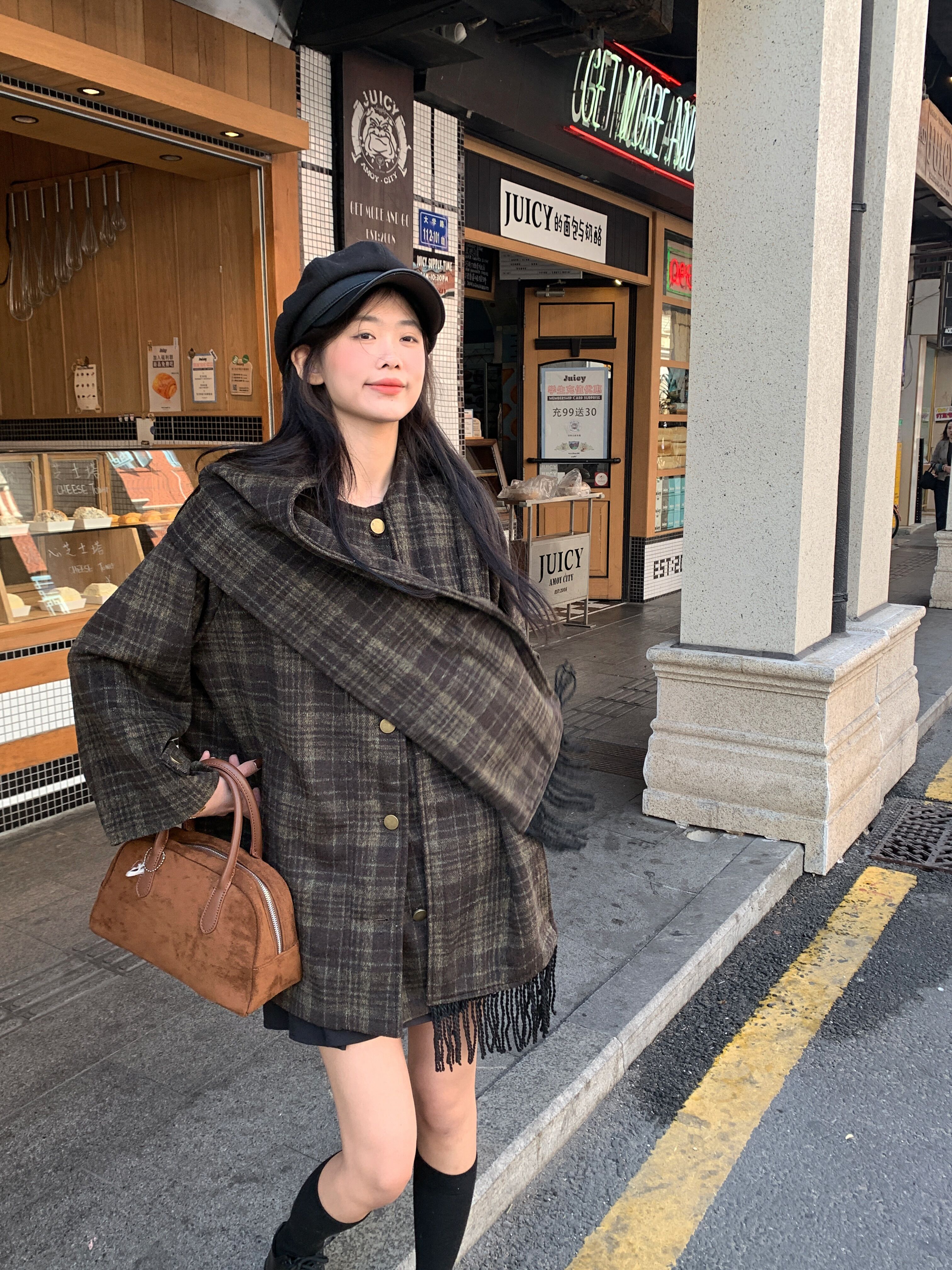 實拍    墜入暮色復古格紋斗篷披肩外套雙面羊毛呢子大衣女冬