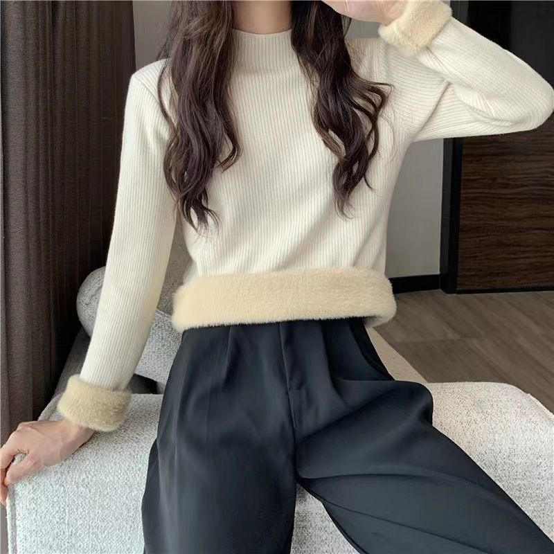 One-piece velvet half turtleneck thickened warm inner sweater for women in autumn and winter soft and waxy long-sleeved bottoming knitted