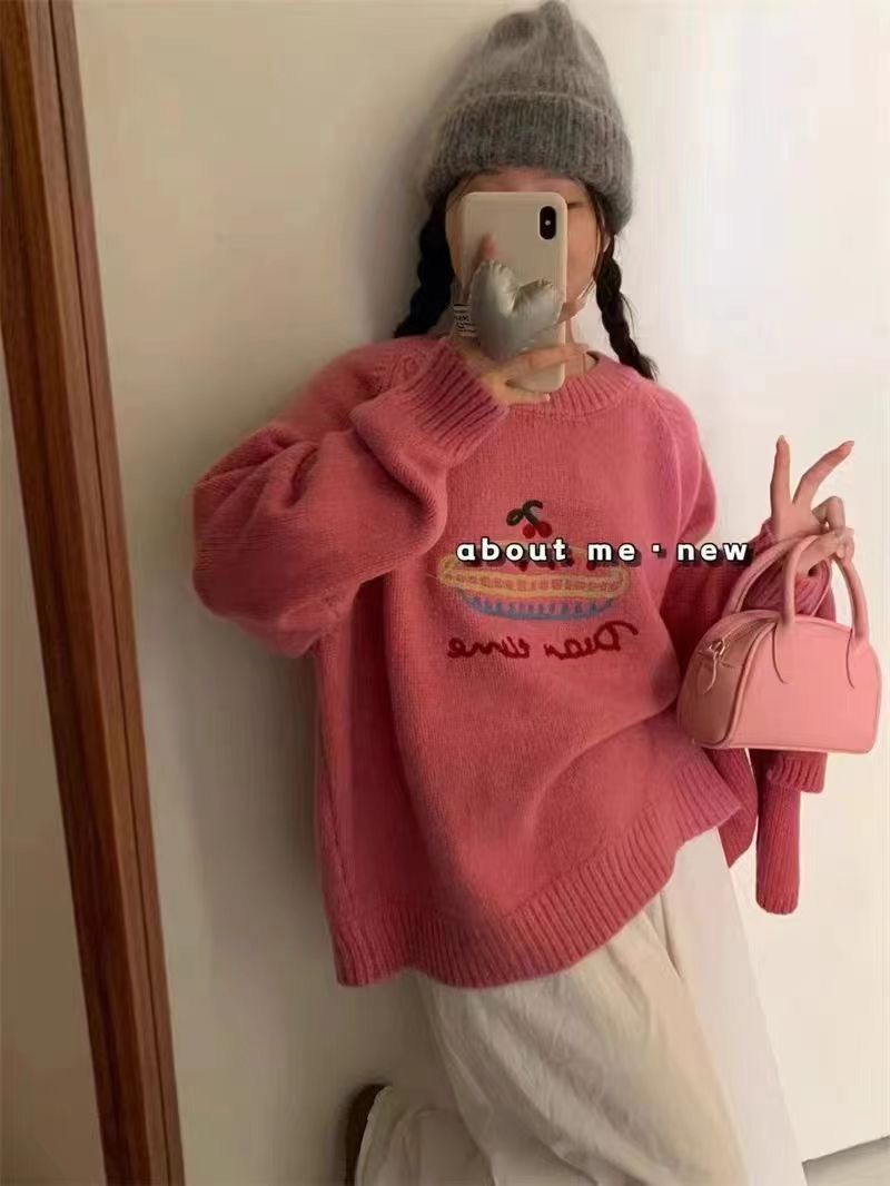 2023秋冬新款韓系圓領減齡水果蛋糕提花毛衣女慵懶厚實軟糯針織衫