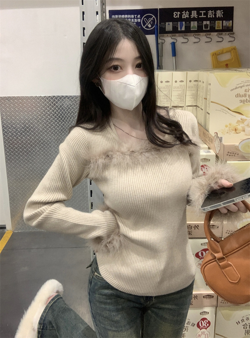 實拍~新款設計感掛脖毛絨長袖針織衫女韓版百搭打底毛衣