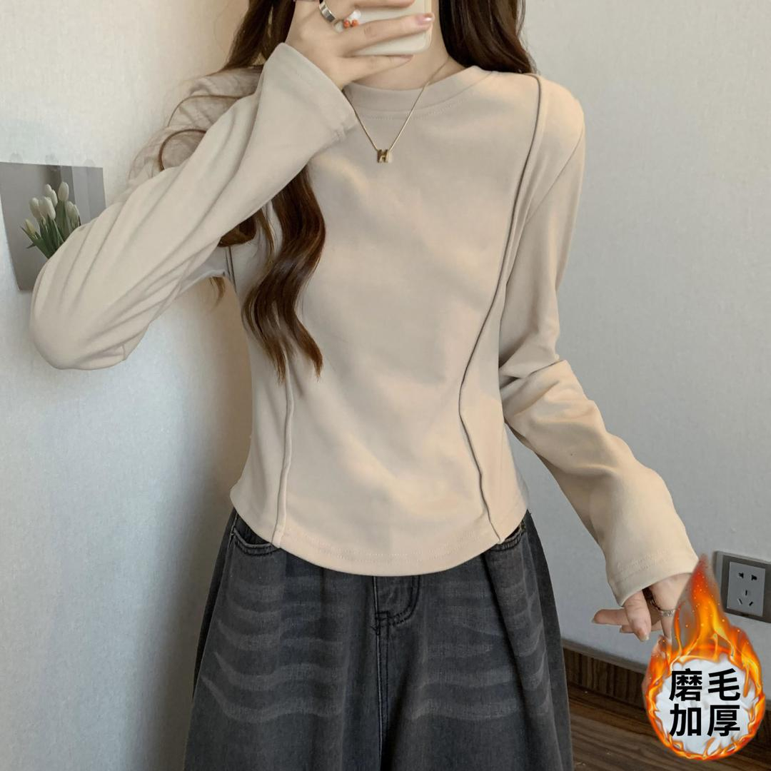 260克德絨圓弧形短款T恤女長袖秋冬裝內搭加厚磨毛打底衫上衣