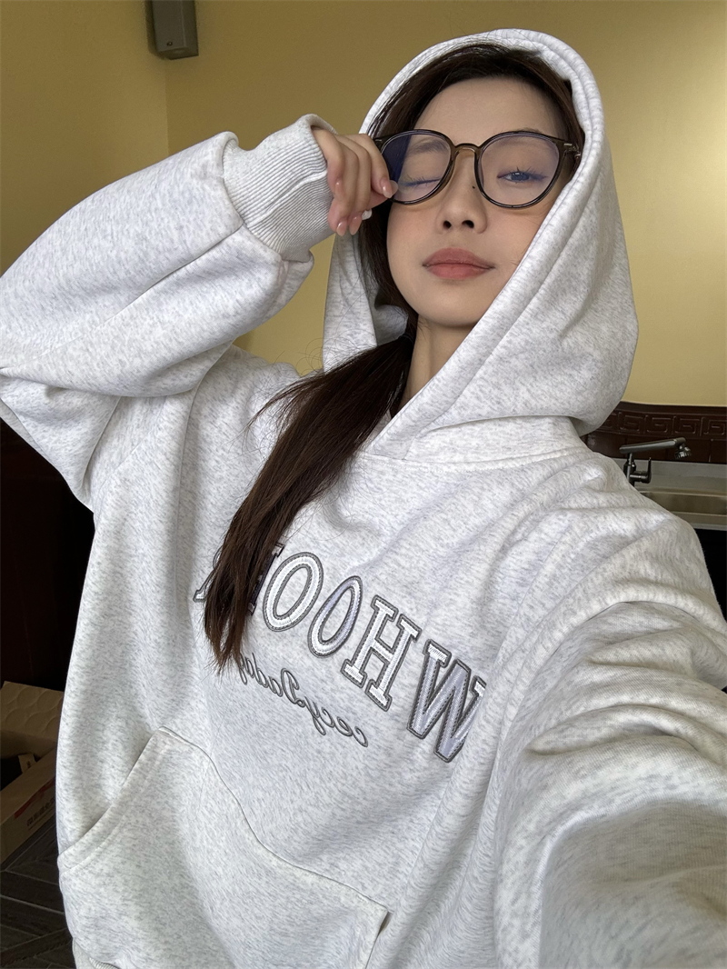 實拍~原創 美式復古慵懶趣味字母繡花寬鬆加絨連帽衛衣