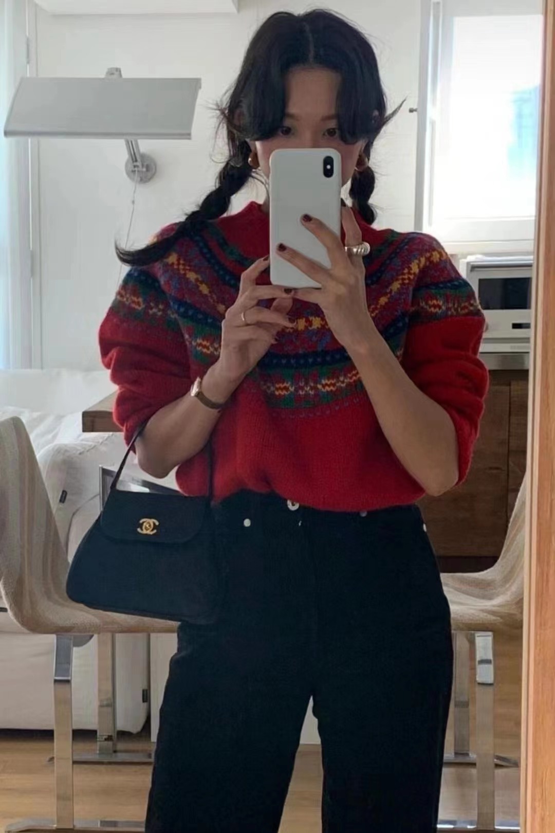 ins博主喜慶紅聖誕假日氛圍感彩色提花美拉德穿搭針織毛衣