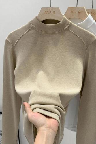 Real picture of European goods, shoulder yoke cashmere lined half high neck spliced undergarment for women
