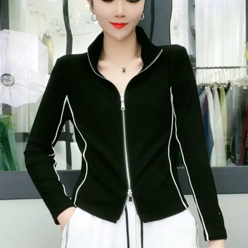 減齡立領雙拉鏈頭撞色拼接修身長袖T恤女小眾小衫設計感氣質上衣