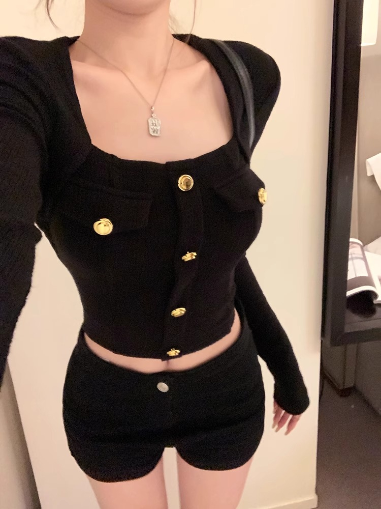 Hair-catching strips, clavicle-exposed square-neck long-sleeved sweater for women, autumn slim-fitting short bottoming French-style top