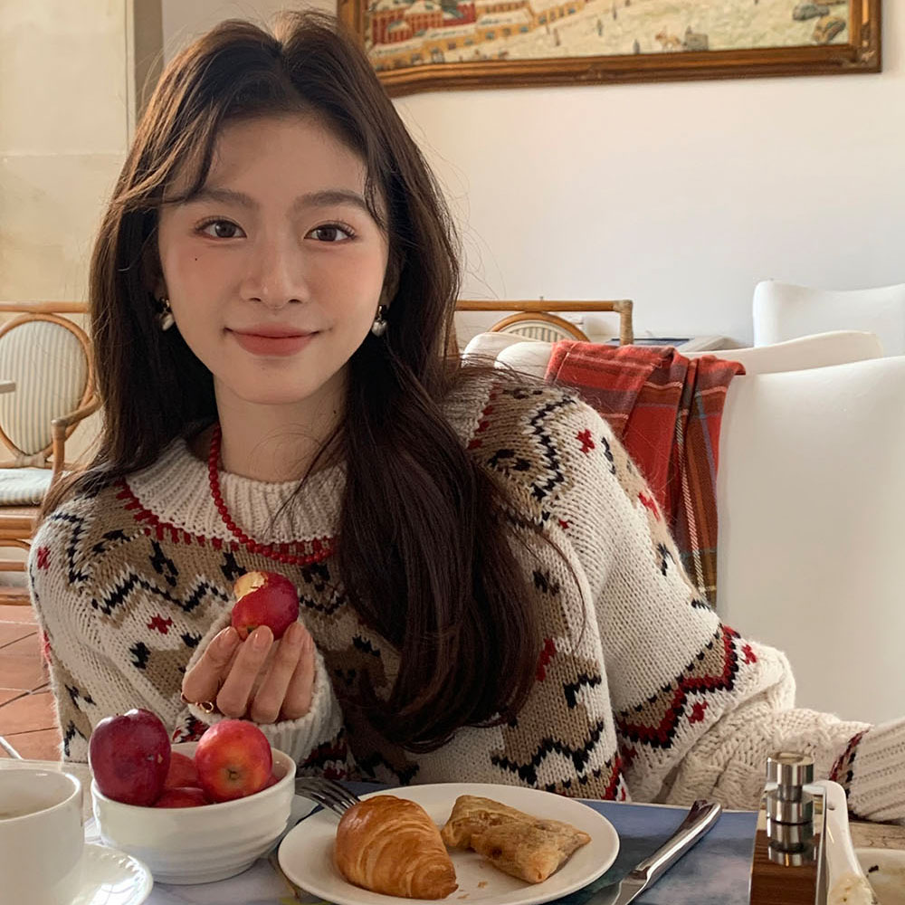 實拍 聖誕小熊餅乾減齡提花小眾保暖羊毛加厚慵懶針織上衣毛衣