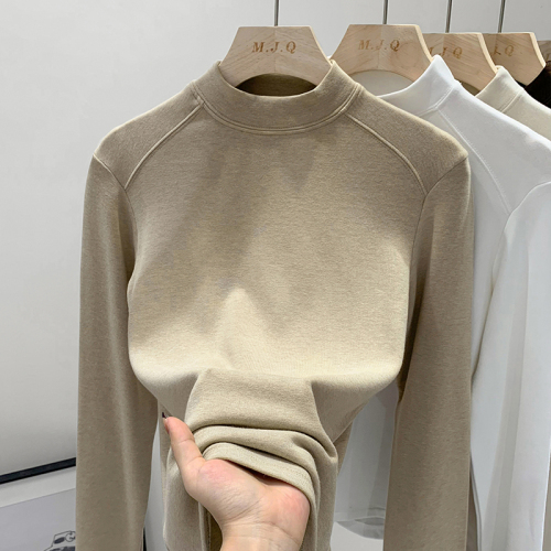 Real picture of European goods, shoulder yoke cashmere lined half high neck spliced undergarment for women