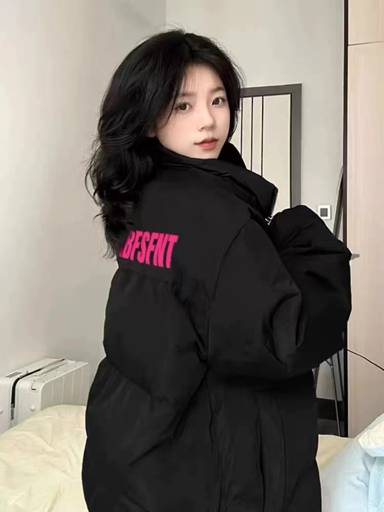 Black stand-up collar down jacket for women in winter, thickened oversize warm bread coat, American retro cotton jacket