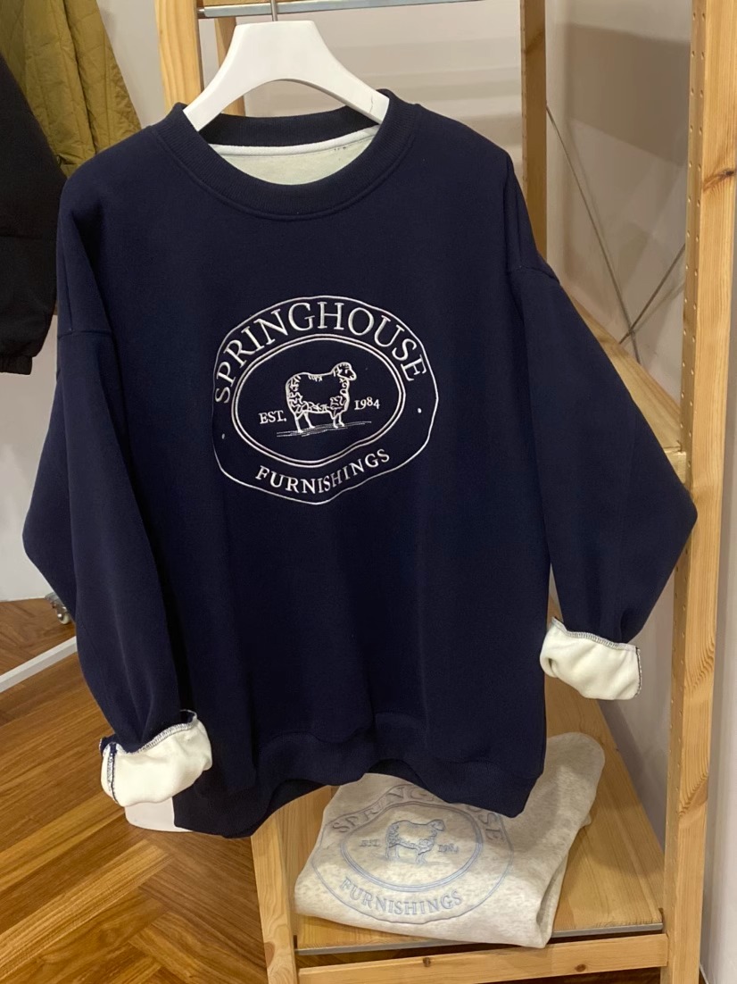 冬季加絨衛衣女韓版時尚寬鬆上衣圓領純棉刺繡小羊東大門新款百搭