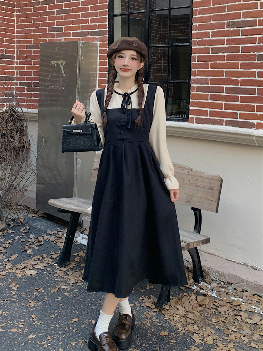 實拍 連衣裙法式氣質假兩件拼接背帶連衣裙女新款收腰顯瘦長裙子