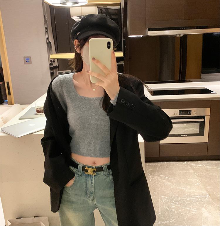甜辣妹方領鎖骨內搭毛衣女秋冬新款修身百搭顯瘦短款針織打底上衣