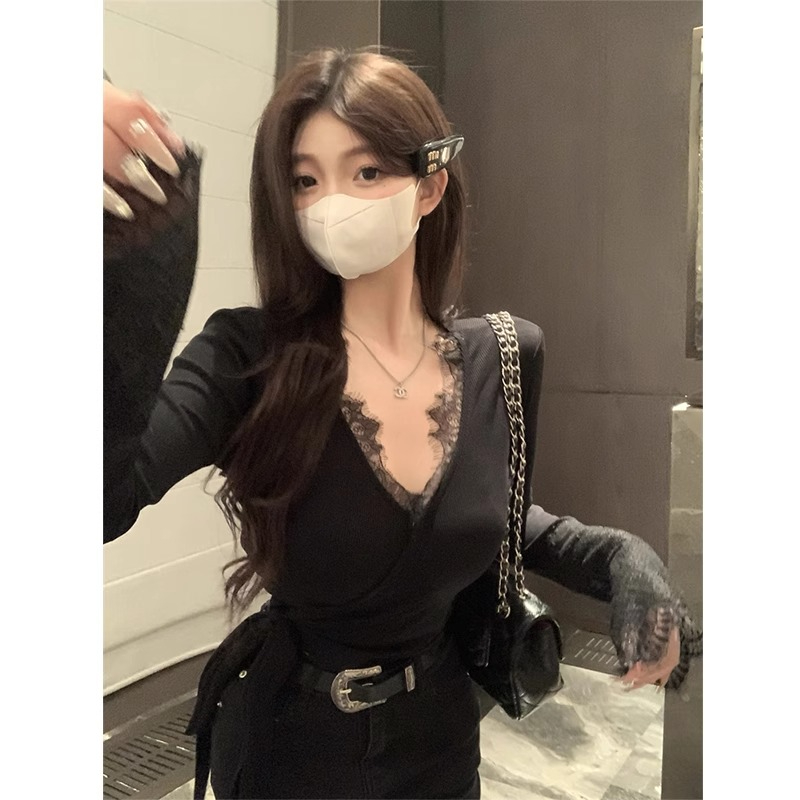 莫代爾 秋季蕾絲邊綁帶長袖顯瘦t恤新款上衣女氣質打底衫復古修身