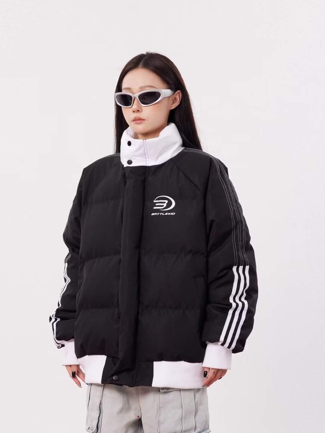 This year's popular winter clothing simple stand-up collar cotton jacket 2023 new women's three-stripe design top